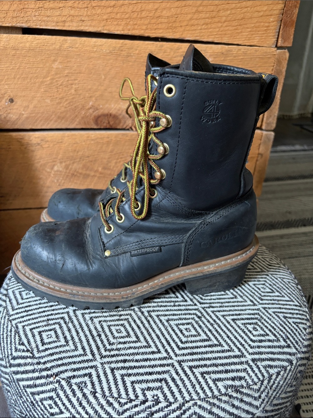 Lina Black Leather Lace-Up Work Boots with Brown Trim